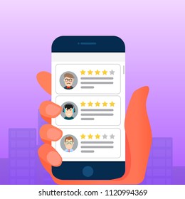 Review rating bubble speeches on mobile phone. Reviews stars rate and text, concept of testimonials messages, notifications, feedback