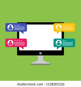 Review rating bubble speeches on laptop vector illustration, flat style laptop reviews stars with good and bad rate and text, concept of testimonials messages, notifications, feedback