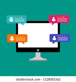 Review rating bubble speeches on laptop vector illustration, flat style laptop reviews stars with good and bad rate and text, concept of testimonials messages, notifications, feedback