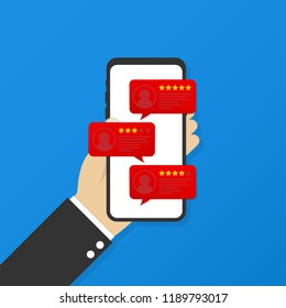 Review rating bubble speeches on mobile phone vector illustration, flat style smartphone reviews stars with good and bad rate and text. Vector stock illustration.