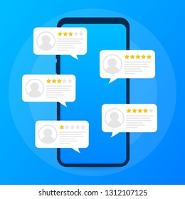 Review rating bubble speeches on mobile phone  illustration, flat style smartphone reviews stars with good and bad rate and text. Vector Vector stock illustration.