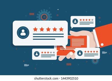 Review rating bubble speeches on mobile phone vector illustration, flat style smartphone reviews stars with good and bad rate and text, concept