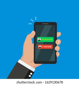 Review rating bubble speeches on mobile phone vector illustration, flat style smartphone reviews stars with good and bad rate and text, concept of testimonials messages, notifications, feedback