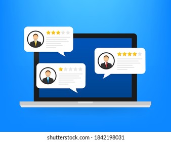 Review Rating Bubble Speeches On Laptop Illustration, Flat Style Smartphone Reviews Stars With Good And Bad Rate And Text.