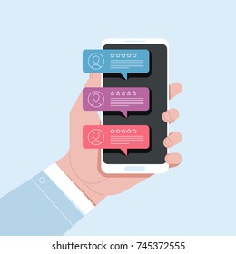 Review rating bubble speeches on mobile phone vector illustration, flat style smartphone reviews stars with good and bad rate and text, concept of testimonials messages, notifications, feedback