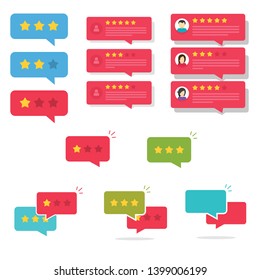 Review rating bubble speeches set vector illustration, flat cartoon reviews stars with good and bad rate, concept of testimonial messages, notification alerts, feedback evaluation