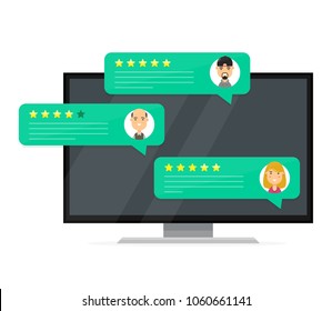 Review rating bubble speeches. Vector modern style cartoon character illustration avatar icon design.  Computer desktop pc display with reviews stars rate and text, feedback evaluation, messages