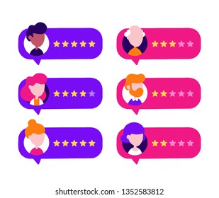 Review rating bubble speeches. Vector modern flat style cartoon character illustration avatar icon design.Concept of decision,grading system,reviews stars rate app text,feedback evaluation,messages