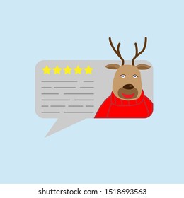 Review rating bubble speeches vector illustration, flat style reviews Christmas Deer avatar and text, concept of testimonial messages, notification alerts, feedback evaluation