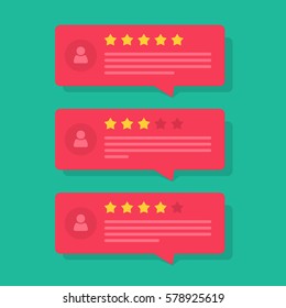 Review rating bubble speeches vector illustration, flat style reviews stars with good and bad rate and text, concept of testimonial messages, notification alerts, feedback evaluation