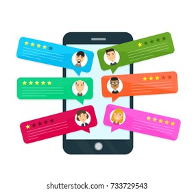 Review rating bubble speeches. Vector modern style cartoon character illustration avatar icon design. concept of decision, grading system, reviews stars rate and text, messages on smartphone mobile