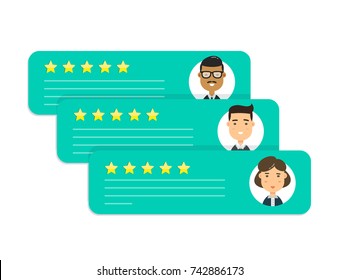 Revisar los discursos de burbuja de calificación. Diseño de icono de avatar de ilustraciones de caricaturas de estilo moderno vectorial. concepto de decisión, sistema de clasificación, índice de estrellas de revisión y texto, evaluación de retroalimentación, mensajes.