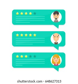 Review rating bubble speeches.Vector modern cartoon character illustration avatar icon design.concept of decision,grading client system,reviews rate and text,feedback evaluation,messages evaluate