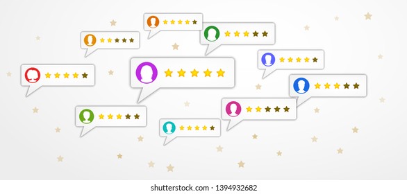 Review rating concept with bubble speeches and user profiles on white background with stars. Product social media marketing. Customer testimonials, rating, vote and feedback evaluation system. Vector