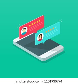 Review rating on mobile phone vector illustration, cartoon isometric smartphone online reviews rate stars, concept of testimonials messages, notifications, customer feedback or experience on cellphone