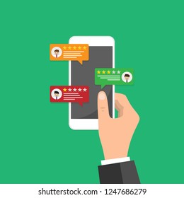Review rating on mobile phone vector illustration, cartoon isometric smartphone online reviews rate stars, concept of testimonials messages, notifications, customer feedback or experience on cellphone