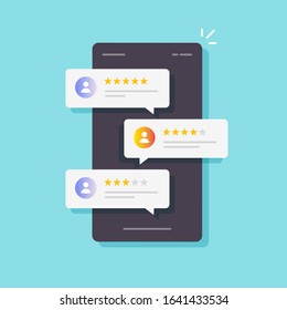 Review rating online bubbles on mobile phone or customer feedback testimonials on smartphone vector flat cartoon, illustrated cell phone review with good and bad rate experience modern clipart