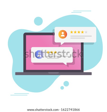 Review rating online on computer or customer feedback testimonials on laptop pc vector, flat cartoon digital reviews stars with good and bad rate experience modern trendy design