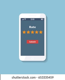 Review Rating, Online survey with bubble speeches on mobile phone. Reviews stars. Vector testimonials
