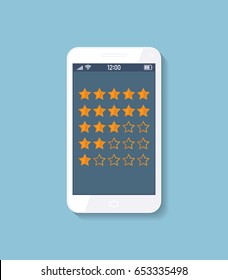 Review Rating, Online survey with bubble speeches on mobile phone. Reviews stars. Vector testimonials