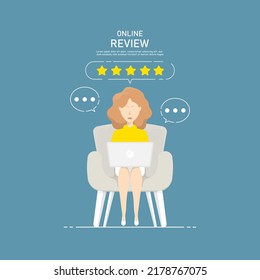 Review rating online, Woman sitting with laptop, Digital marketing illustration.