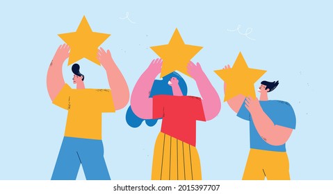 Review rating and positive feedback, customer reviews, customer satisfaction, recommendation flat vector illustration. People give positive rating and feedback. Customer choice concept