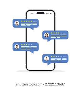 Bewertung Sprachblasen auf Handy Vektorgrafik überprüfen. Star Bewertungen mit positiven und negativen Bewertungen Testimonial Konzept.