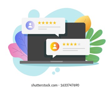 Review rating testimonials online on computer screen or customer testimony feedback experience vector flat cartoon, illustrated rate bubble messages on laptop pc with reputation chat modern design