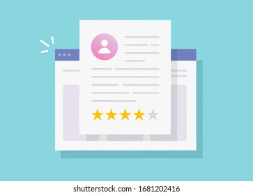 Review rating text online on website or customer testimony feedback web page internet experience vector flat cartoon illustration, concept of user rate stars on browser and web reputation message