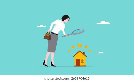 review of real estate or property for reasonable market value, Real estate appraisal, land or property valuation concept, business woman with magnifying glass assessing 5 star real estate property