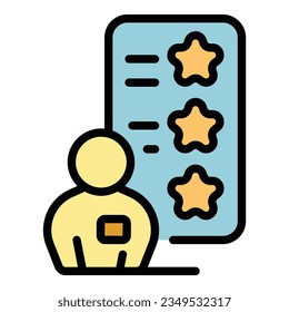 Revisar el vector de contorno del icono del informe. Opinión en línea. Color del cliente de negocios plano