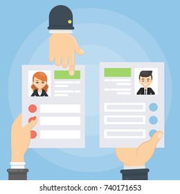 Review of resumes. Pointing at the best candidate.
