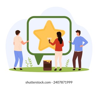 Review service for customers feedback. Tiny people holding speech bubble with gold star inside frame, clients message or comment of satisfaction and good quality rating cartoon vector illustration