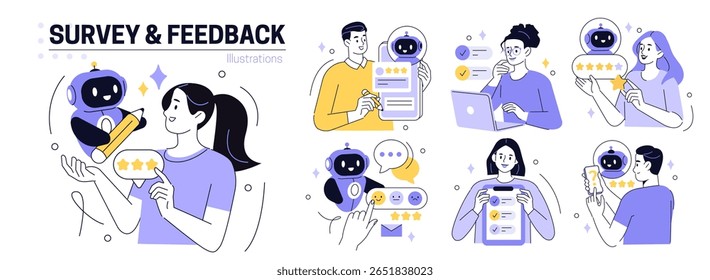 Review set. Characters use artificial intelligence to fill survey form, give feedback, customer evaluation rating. User experience concept. Vector illustration.