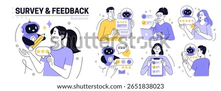 Review set. Characters use artificial intelligence to fill survey form, give feedback, customer evaluation rating. User experience concept. Vector illustration.