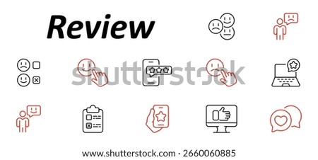 Review set icon. Smiley faces, stars, thumbs, clipboards, mobile ratings, user feedback, laptops, comments, surveys, and expressions in outlined icons for evaluation purposes.