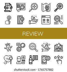 review simple icons set. Contains such icons as Feedback, Search, Searching, Zoom in, Proposal, Testimonial, Happy, Review, Loyalty, Rating, can be used for web, mobile and logo
