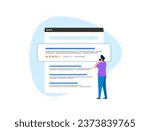 Review snippets concept. SERP Features and Rich Snippets based on customer reviews. Man studies search results and looks at site rating. Vector isolated illustration on white background with icons