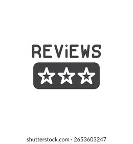 Icono sólido de estrellas de revisión en estilo de Vector glifo. Un icono lleno que muestra la calificación del usuario a través de estrellas. Icono de Comentarios y símbolo testimonial de comercio electrónico.