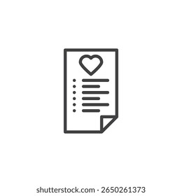 Revisar o ícone de linha cardíaca da marca com um estilo de vetor de contorno. Combina uma etiqueta com um coração, sugerindo o favorito ou o amor do cliente. Símbolo do ícone Revisar.