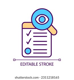 Review task list RGB color icon. Analyzing data. Checklist. Research text. Search information. Isolated vector illustration. Simple filled line drawing. Editable stroke. Arial font used