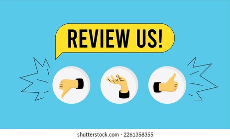 Review Us banner template. Human hand with thumb up, thumb down, and neutral gestures. Rank and review. Like and dislike symbols. Ad, marketing, and promotion. Vector illustration.