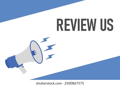 review us button, banner, label, template for website. review us text with colorful megaphone icon
