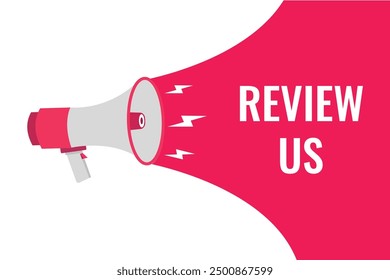 review us button, banner, label, template for website. review us text with colorful megaphone icon
