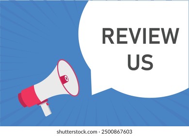 review us button, banner, label, template for website. review us text with colorful megaphone icon
