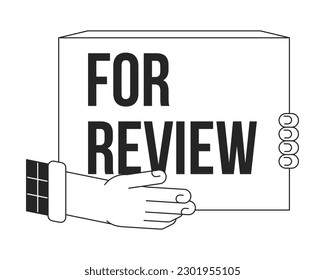 Review us bw concept vector spot illustration. Box for customer rating 2D cartoon flat line monochromatic first view hand for web UI design. Editable isolated outline hero image. Bebas Neue font used