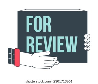 Review us flat line concept vector spot illustration. Box for customer rating 2D cartoon outline first view hand on white for web UI design. Editable isolated colorful hero image. Bebas Neue font used