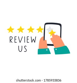 Review us. Hand drawn illustration on white background.