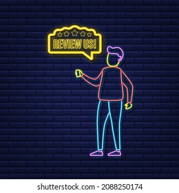 Revisar el concepto de clasificación de usuarios. Revisa y califica el icono de neón de las estrellas de ee.uu. Concepto de negocio. Ilustración vectorial.