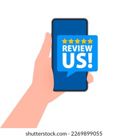 Repárennos. Etiqueta de clasificación de usuario en la pantalla del smartphone. Revisar y calificar las estrellas de ee.uu. 